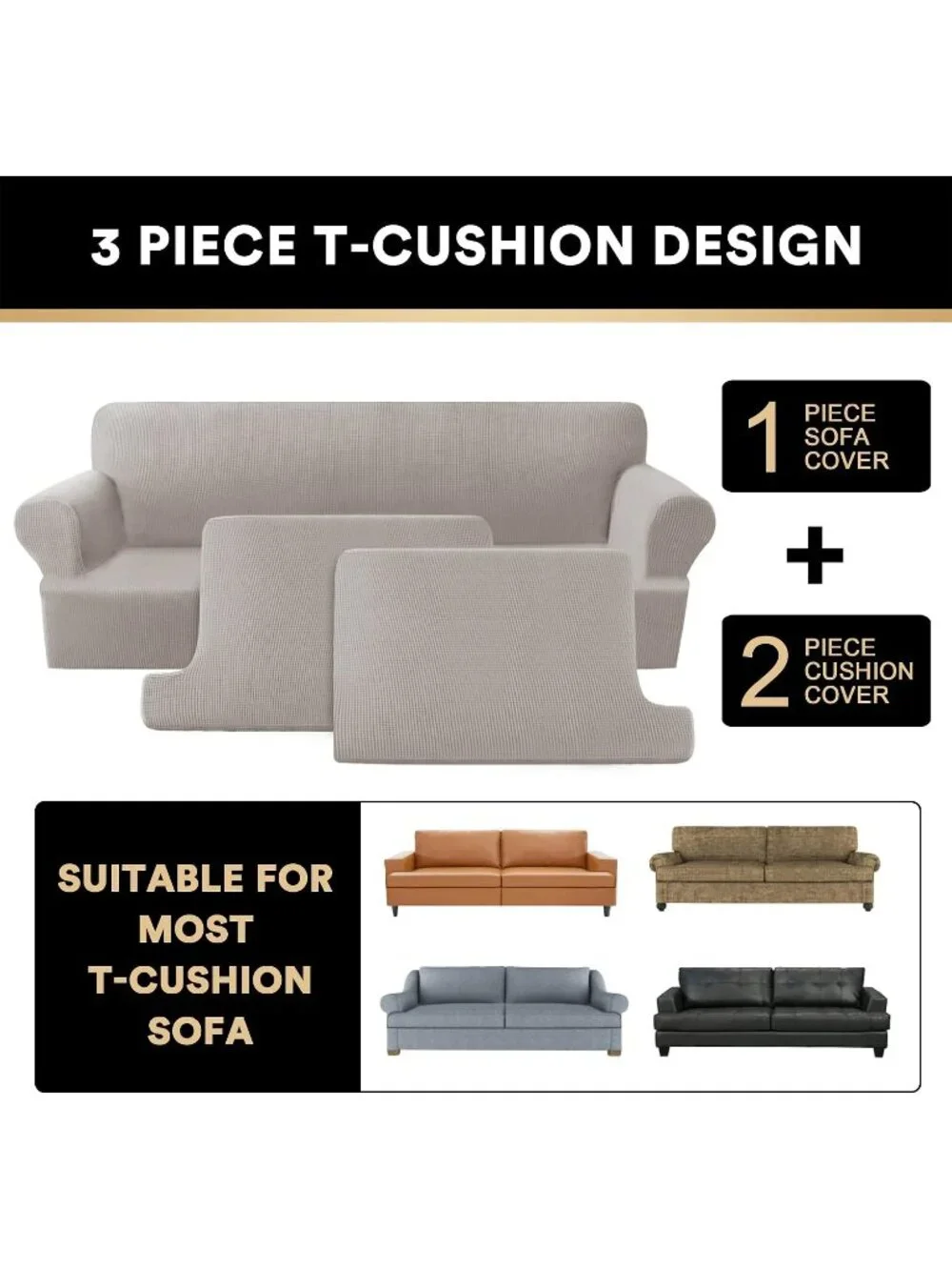 T‑Cushion Sofa Slipcover 3‑Piece Set – Soft Stretch Furniture Cover, Fits 88